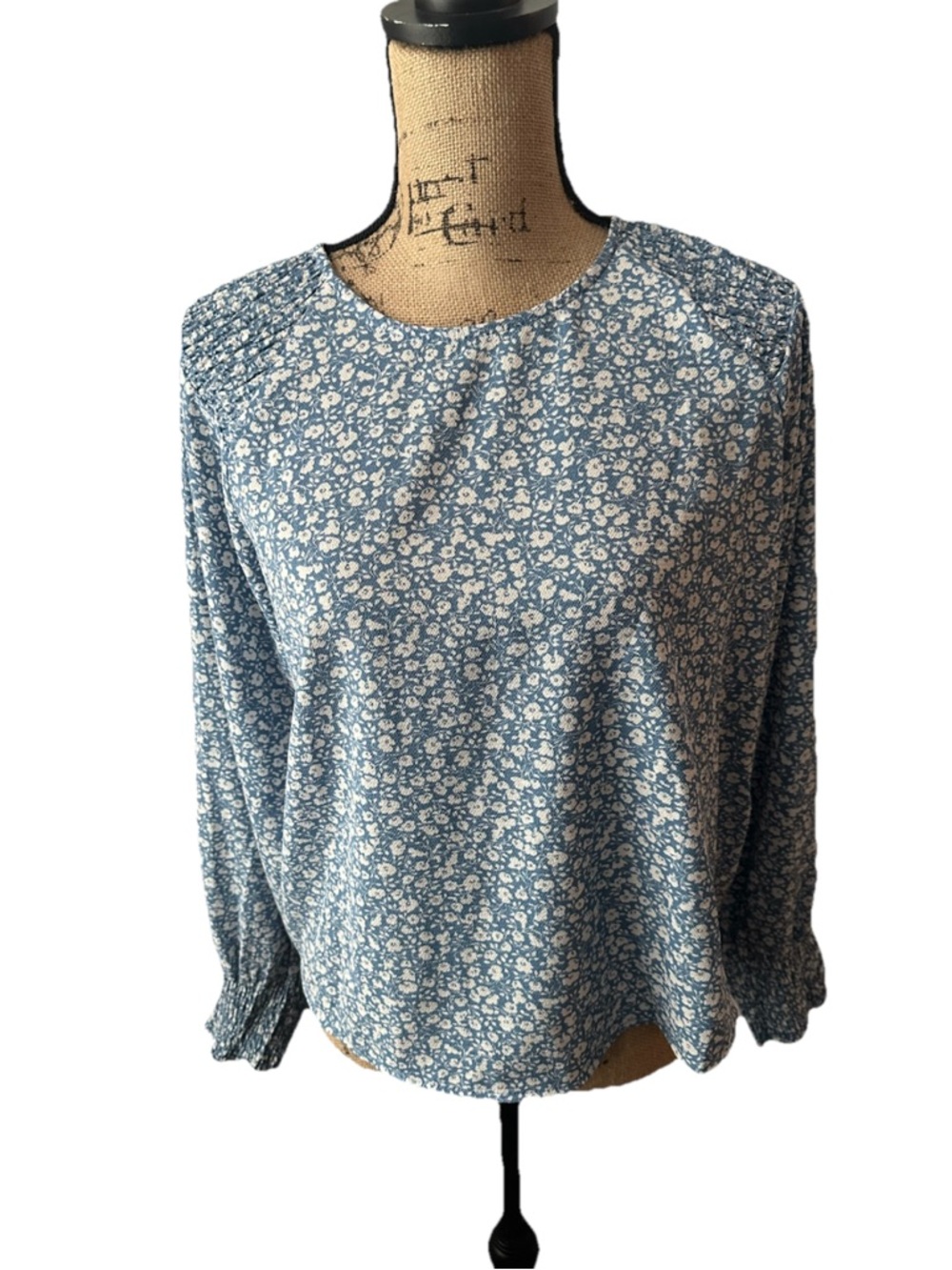 Pigalle Milo Blue Floral Smocked Peasant Blouse Cottagecore Size 38 M